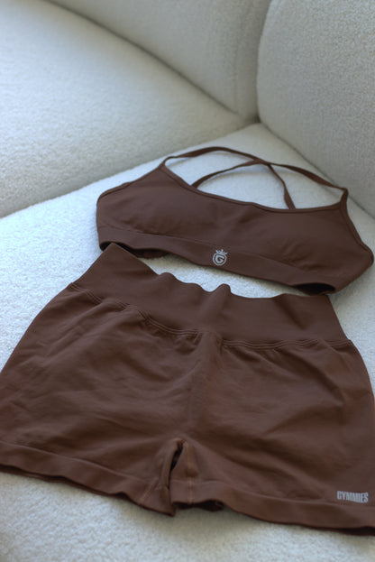 Gymmies - Women's Seamless Gym shorts & top | Brown set
